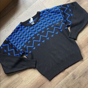Herman’s Vintage Wool Black and Blue Geometric Sweater  ! Small
